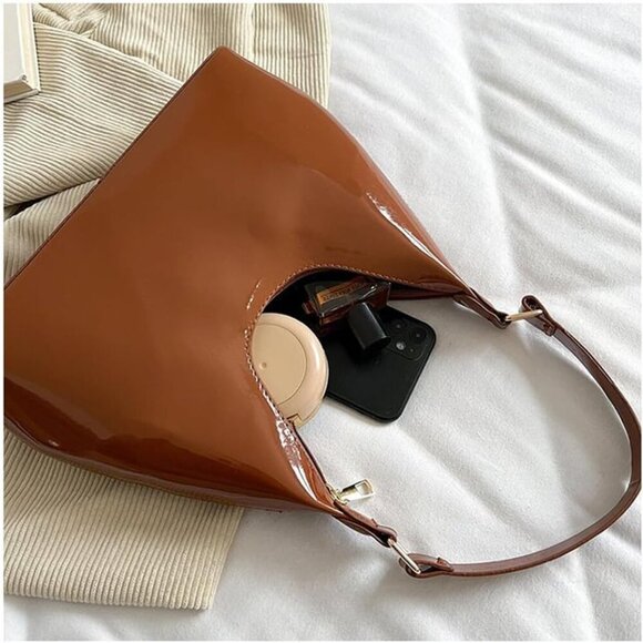 Patent Leather Hobo Bag Small Tote Women's Shoulder Purse Waterproof Compact - Picture 5 of 9